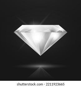 Vector 3d Triángulo transparente Blanco Realista Brillante Gemstone, Diamante, Cristal, Rhinestone Closeup sobre fondo negro. Concepto jovial. Plantilla de diseño, cartel