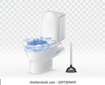 Vector 3d realistic clogged toilet bowl full of water. Plunger made clearing of wc. Splashing, flushing of blue liquid. Lavatory, closet object isolated on transparent background