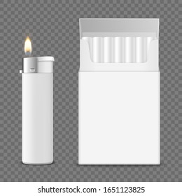 Vector 3d Realistic Closed Clear Blank Cigarette Pack Box with Cigarettes and Lighter with Flame Set Closeup Isolated on Transparent Background. Design Template. Smoke Problem Concept, Tobacco, Mockup