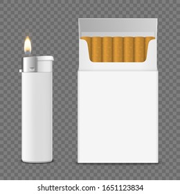 Vector 3d Realistic Closed Clear Blank Cigarette Pack Box with Cigarettes and Lighter with Flame Set Closeup Isolated on Transparent Background. Design Template. Smoke Problem Concept, Tobacco, Mockup