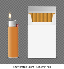 Vector 3d Realistic Closed Clear Blank Cigarette Pack Box with Cigarettes and Lighter with Flame Set Closeup Isolated on Transparent Background. Design Template. Smoke Problem Concept, Tobacco, Mockup
