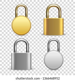 Vector 3d Realistic Closed Metal Golden and Silver Padlock Icon Set Closeup Isolated on Transparent Background. Design Template of Gold, Steel Lock for Protection Privacy, Web and Mobile Apps, Logo