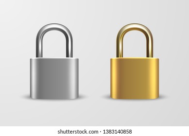 Vector 3d Realistic Closed Metal Golden and Silver Padlock Icon Set Closeup Isolated on White Background. Design Template of Gold, Steel Lock for Protection Privacy, Web and Mobile Apps, Logo