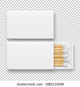 Vector 3d realistic closed and opened blank box of matches icon set, closeup isolated on transparency grid background, top view, white heads. Design template, clipart for graphics