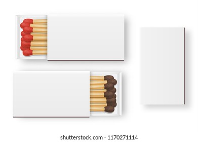 Vector 3d realistic closed and opened blank box of matches with brown and red heads icon set, closeup isolated on white background, top view, white heads. Design template, clipart for graphics