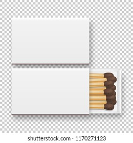 Vector 3d realistic closed and opened blank box of matches with brownheads icon set, closeup isolated on transparency grid background, top view, white heads. Design template, clipart for graphics