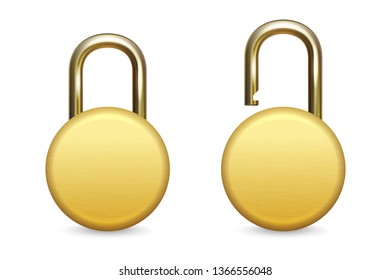 Vector 3d Realistic Closed and Opened Circle Metal Golden Padlock Icon Set Closeup Isolated on White Background. Design Template of Gold Lock for Protection Privacy, Web and Mobile Apps, Logo