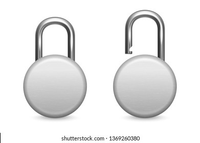 Vector 3d Realistic Closed and Opened Circle Metal Silver Chrome Padlock Icon Set Closeup Isolated on White Background. Design Template of Gold Lock for Protection Privacy, Web and Mobile Apps, Logo