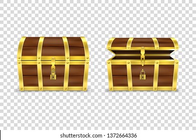 Vector 3d Realistic Closed and Opened Retro Vintage Antique Old Treasure Wooden brown Pirate Dower Chest with Golden Metal Stripes and Padlock and Keyhole Closeup Isolated on Transparent Background