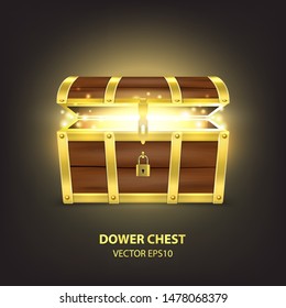 Vector 3d Realistic Closed and Opened Retro Vintage Antique Old Treasure Wooden brown Pirate Dower Chest with Golden Metal Stripes, Padlock and Keyhole Closeup Isolated on Dark Background