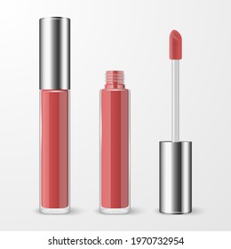 Vector 3d Realistic Closed, Opened Red, Pink Lip Gloss, Lipstick Package, Silver Cap Set Isolated. Glass Container, Tube, Lid, Brush. Plastic Transparent Bottle Design Template, Mockup. Front View