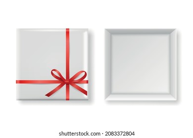 Vector 3d Realistic Closed, Opened Paper White Christmas Gift Box, Red Bow Isolated. New Year, Christmas, Valentine Day or Anniversary Concept. Design Template of Christmas Present Packing. Top View