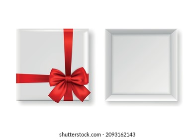 Vector 3d Realistic Closed, Opened Paper White Christmas Gift Box, Red Bow Isolated. New Year, Christmas, Valentine Day or Anniversary Concept. Design Template of Christmas Present Packing. Top View