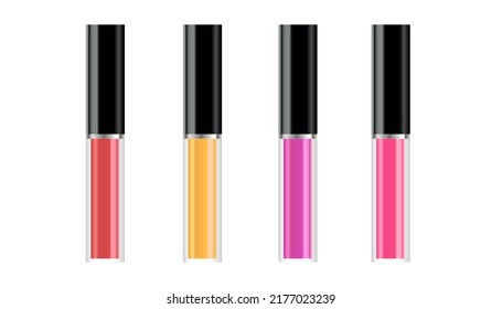Vector 3d Realistic Closed, Opened Red Lip Gloss, Lipstick Package, Black Cap Set Isolated. Glass Container, Tube, Lid, Brush. Plastic Transparent Bottle Design Template, Mockup. Front View