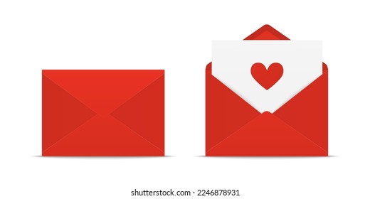 Vector 3d Realistic Closed, Opened Red Envelope with Heart Icon Set Closeup Isolated. Envelope with Paper Sheet Inside. Invitation, Message, Letter Template. Design Template for Valentines Day Card