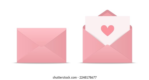 Vector 3d Realistic Closed, Opened Pink Envelope with Heart Icon Set Closeup Isolated. Envelope with Paper Sheet Inside. Invitation, Message, Letter Template. Design Template for Valentines Day Card