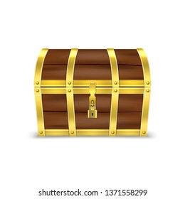 Vector 3d Realistic Closed Retro Vintage Antique Old Treasure Wooden brown Pirate Dower Chest with Golden Metal Stripes and Padlock and Keyhole Closeup Isolated on White Background