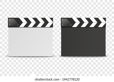 Vector 3d Realistic Closed White and Black Movie Film Clap Board Icon Set Closeup Isolated on Transoparent Background. Design Template of Clapperboard, Slapstick, Filmmaking Device. Front View