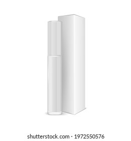 Vector 3d Realistic Closed White Lip Gloss, Lipstick Package, Carton Packing Set Isolated on White. Glass Container, Tube, Lid, Brush. Plastic Transparent Bottle Design Template, Mockup. Front View