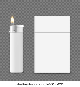 Vector 3d Realistic ClosedClear Blank Cigarette Pack Box and Lighter with Flame Icon Set Closeup Isolated on Transparent Background. Design Template. Smoke Problem Concept, Tobacco, Cigarette Mockup