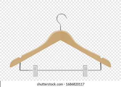 Vector 3d Realistic Clothes Coat Wooden Textured Hanger Icon Closeup Isolated On Transparent Background. Design Template, Clipart Or Mockup For Graphics, Advertising Etc. Front Or Top View