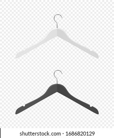 Vector 3d Realistic Clothes Coat Wooden Textured Black, White Hanger Set Closeup Isolated on Transparent Background. Design Template, Clipart or Mockup for Graphics, Advertising etc. Front, Top View