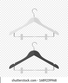 Vector 3d Ropa Realista Coat Madera Texturada Negro, Colgador Blanco Colegio Aislado en Fondo Transparente. Plantilla de diseño, Clipart o Mockup para gráficos, publicidad, etc. Vista frontal y superior