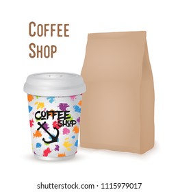 Vector 3d realistic coffee cup with paper package. Folded kraft box, drink disposable container for coffee shop isolated on white background.