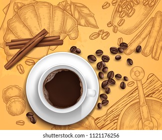 Vector 3d realistic coffee cup with cinnamon, beans on vintage hand drawn illustration with grinder, croissant. Breakfast concept. Beverage menu for restaurant, background