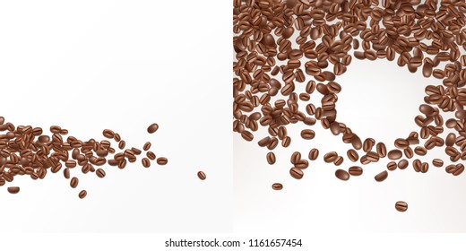 Vector 3d realistic coffee seeds isolated on white background. Top view of fresh arabica beans. Mock up, template for advertising poster, promotion banner