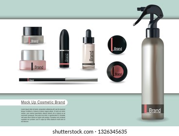 Vector 3d realistic collection of cosmetic products isolated on white and blue background.