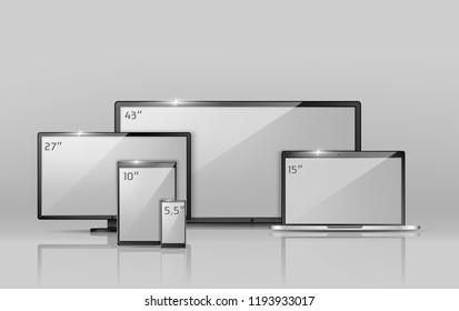 Vector 3d realistic collection of different screens - notebook, smartphone or tablet. Modern digital technology in size variations. Widescreen TV, empty LCD display isolated on grey background.