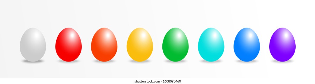 Vector 3d realistic color eggs with shadow isolated on white background . Egg mockup for your Easter poster, banner, flyer, greeting card design. Red, orange, yellow, green, blue mock up objects 