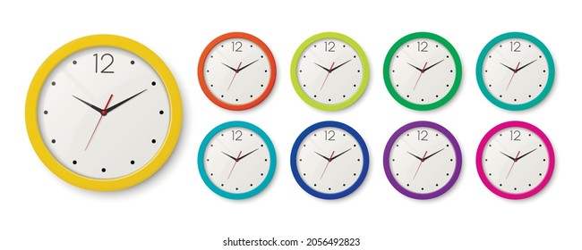 Vector 3d Realistic Color Wall Office Clock Icon Set Isolated. Different Colors. White Dial. Design Template of Wall Clock Closeup. Mock-up for Branding, Advertise. Top, Front View
