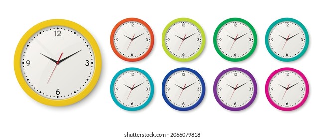 Vector 3d Realistic Color Wall Office Clock Icon Set Isolated on White. Different Colors. White Dial. Design Template of Wall Clock Closeup. Mock-up for Branding, Advertise. Top, Front View
