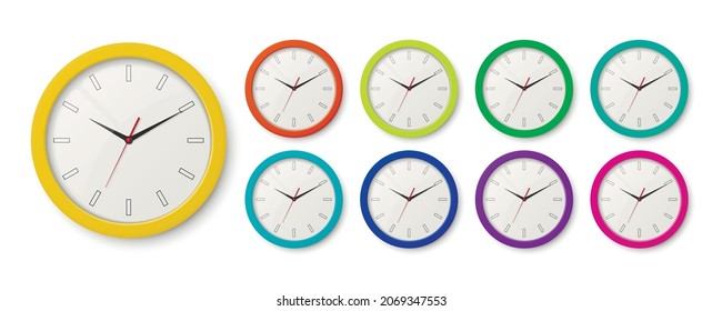 Vector 3d Realistic Color Wall Office Clock Icon Set Isolated on White. Different Colors. White Dial. Design Template of Wall Clock Closeup. Mock-up for Branding, Advertise. Top, Front View