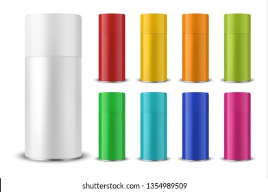 Vector 3d Realistic Colorful Blank Spray Can, Spray Bottle with Cap Set Closeup Isolated on White Background. Design Template of Sprayer Can for Mock up, Package, Advertising, Hairspray, Deodorant etc