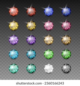 Vector 3d realistische Farbige Edelsteinsymbole Set. mehrfarbiger Diamant, Kristall, Rhinestone, Nahaufnahme isoliert. Jewerly Concept. Design-Vorlage für Edelsteine, Gem-Clip-Kunst