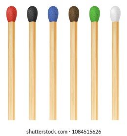 Vector 3d realistic colorful match stick icon set, closeup isolated on white background. Red head, black, blue, brown, green, white. Design template, clipart for graphics