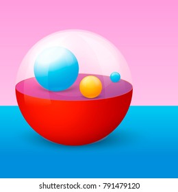 Vector 3D realistic colorful and transparent half cut ball, with little bright balls inside, on pink and blue modern background.