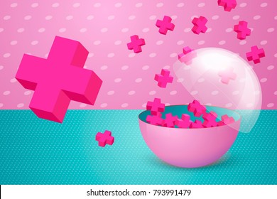 Vector 3D Realistic Colorful And Transparent Half Cut Ball, With Little Bright Plus Signs Inside, On Pink And Blue Modern Background. Bonus Illustration Concept.