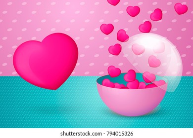 Vector 3D realistic colorful and transparent half cut ball, with little bright hearts inside, on pink and blue modern background. Love and Valentines day illustration concept.