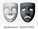 Vector 3d Realistic Comedy and Tragedy Theater Mask Icon Set. Classic Drama Symbol for Acting, Stage Performance, Emotions, Performing Arts, Sad, Happy Face Masks. Greek Theater, Drama Class Concept