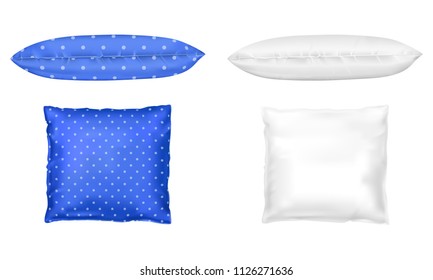 Vector 3d realistic comfortable square pillows - white and blue dotted. Template, mock up of white fluffy cushion in front and side view. Relaxation, sleep concept.