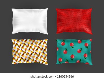 Vector 3d realistic comfortable square pillows in bright pillowcases, different patterns on silk, cotton fabric. Template, mock up of fluffy crumpled cushion for relaxation, sleep, nap, bedding, rest