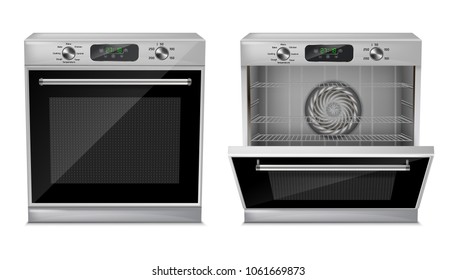 Vector 3d realistic compact oven with digital display, timer, pre-set cooking programs, with open and close door, isolated on background. Built-in household appliance, modern multifunction stove