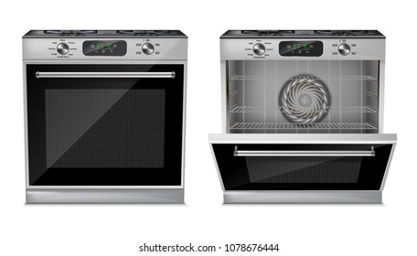 Vector 3d realistic compact oven, gas stove with open and close door isolated on white background. Household appliance with digital display, burners, timer, cooking programs, grill and fan inside