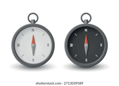 Vector 3d realista brújula conjunto de iconos. Ilustración de brújula minimalista con esfera en blanco y negro. Clipart de brújula de navegación. Plantilla de Diseño de Viajes y Aventuras