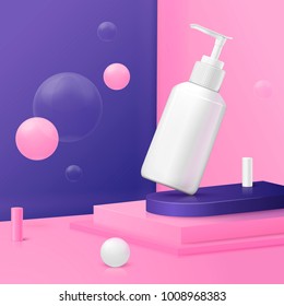 Vector 3d realistic corner wall abstract scene with podium and cosmetics bottle, pink and violet balls.