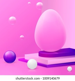 Vector 3d realistic corner wall abstract scene with podium and pink easter egg, pink and violet balls. Easter concept illustration.